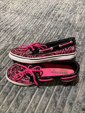 Sperry Top-Sider Kids Size 3M Pink/Black Zebra-Print Boat Shoes (Used but Good)